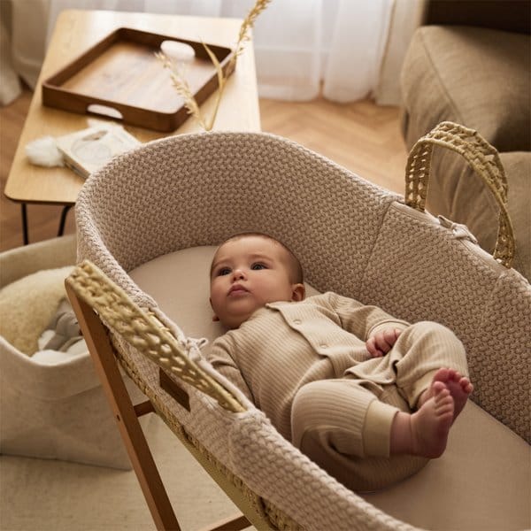 Little Green Sheep Organic Wheat Knitted Moses Basket, Mattress & Natural Static Stand - Truffle