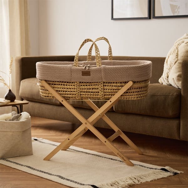 Little Green Sheep Organic Wheat Knitted Moses Basket, Mattress & Natural Static Stand - Truffle
