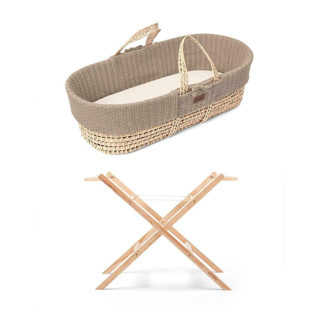 Little Green Sheep Organic Wheat Knitted Moses Basket, Mattress & Natural Static Stand - Truffle