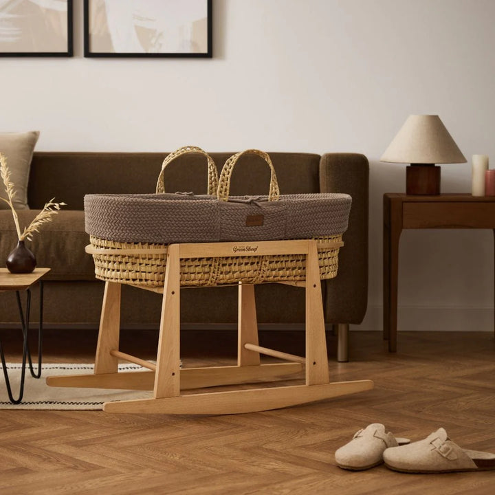 Little Green Sheep Organic Knitted Moses Basket, Mattress & Natural Rocking Stand - Cocoa