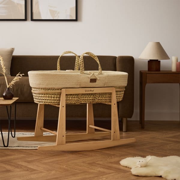 Little Green Sheep Organic Knitted Moses Basket, Mattress & Natural Rocking Stand - Linen