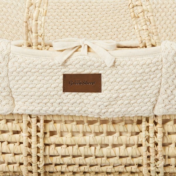 Little Green Sheep Organic Knitted Moses Basket, Mattress & Natural Rocking Stand - Linen