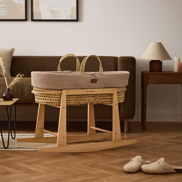 Little Green Sheep Organic Knitted Moses Basket, Mattress & Natural Rocking Stand - Truffle
