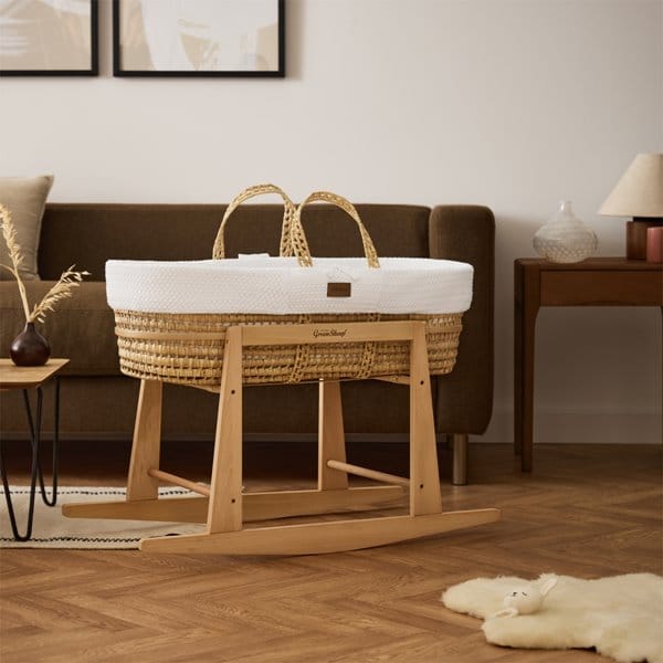 Little Green Sheep Organic Knitted Moses Basket, Mattress & Natural Rocking Stand - White