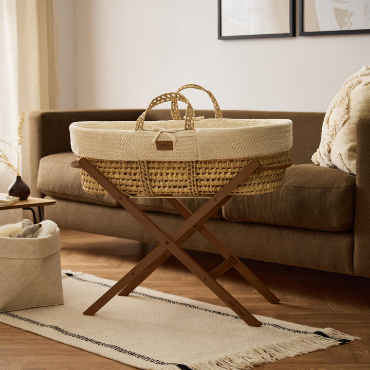 Little Green Sheep Organic Wheat Knitted Moses Basket, Mattress & Walnut Static Stand - Linen