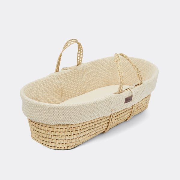 Little Green Sheep Organic Wheat Knitted Moses Basket, Mattress & Walnut Static Stand - Linen