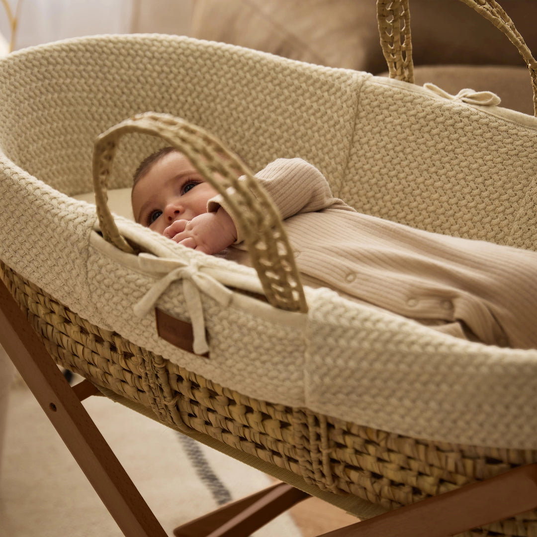 Little Green Sheep Organic Wheat Knitted Moses Basket, Mattress & Walnut Static Stand - Linen