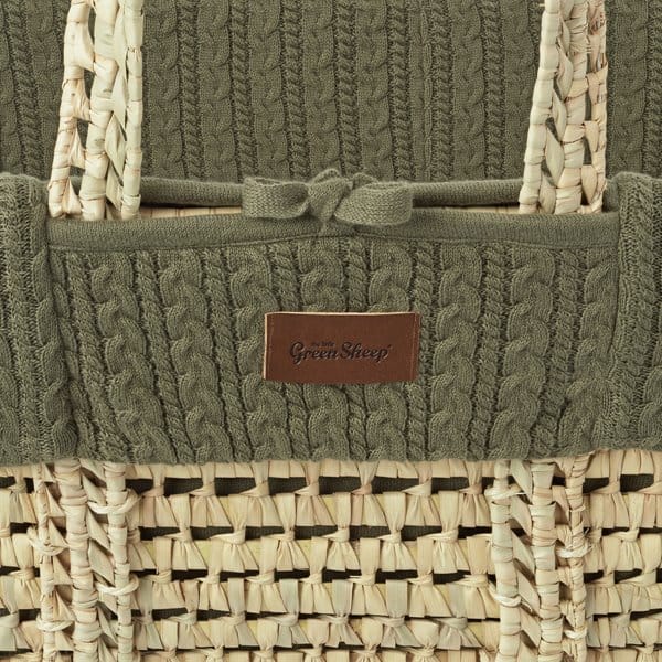 Little Green Sheep Organic Knitted Moses Basket, Mattress & Walnut Static Stand - Juniper