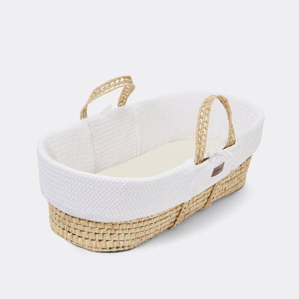 Little Green Sheep Organic Wheat Knitted Moses Basket, Mattress & Walnut Static Stand - White
