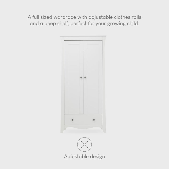 CuddleCo Clara 3pc Set 3 Drawer Dresser, Cot Bed & Wardrobe - White