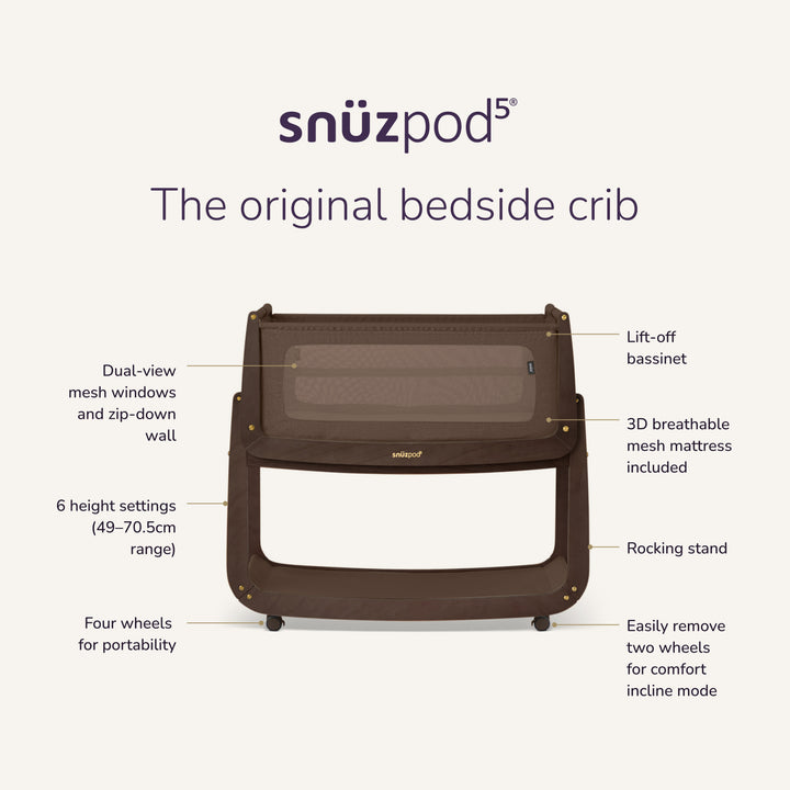 SnuzPod5 Bedside Crib - Chocolate