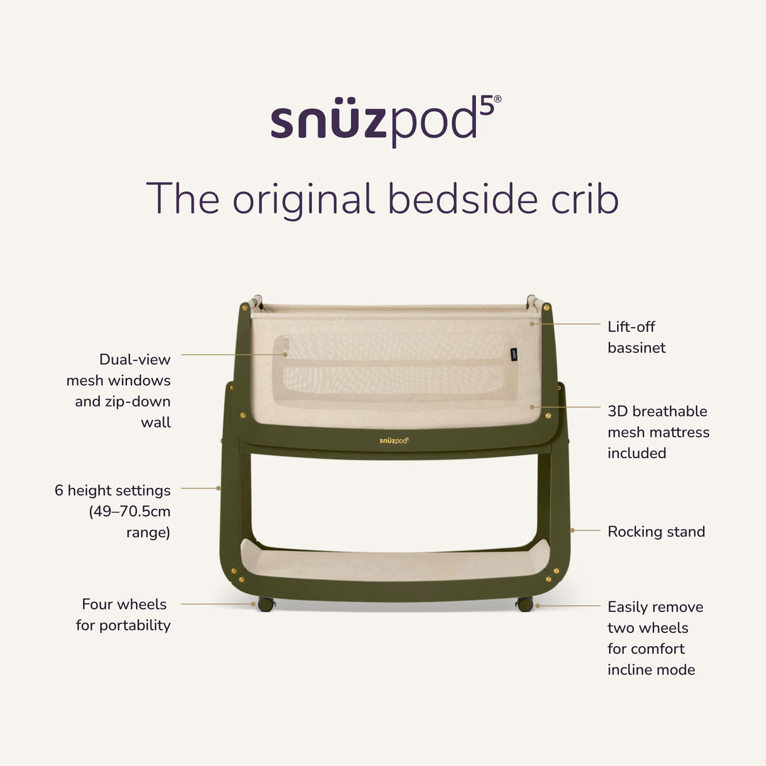 SnuzPod5 Bedside Crib - Olive