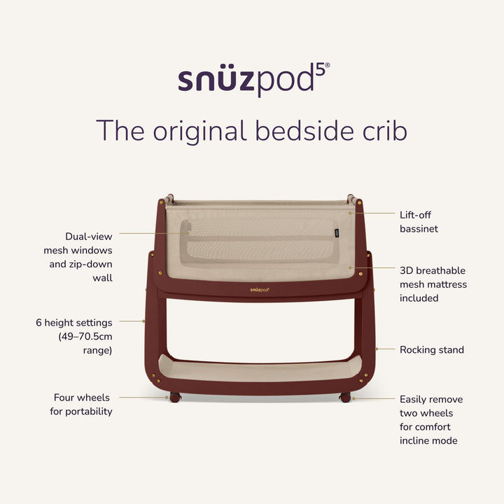 SnuzPod5 Bedside Crib - Rouge
