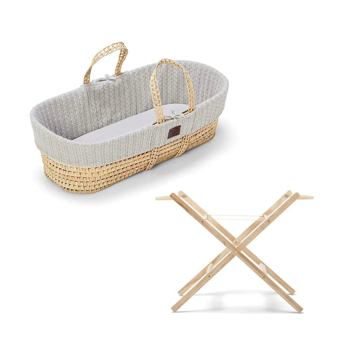 Little Green Sheep Knitted Moses Basket and Static Stand Bundle - Dove