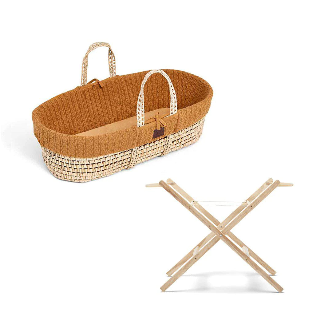 Little Green Sheep Knitted Moses Basket and Static Stand Bundle - Honey