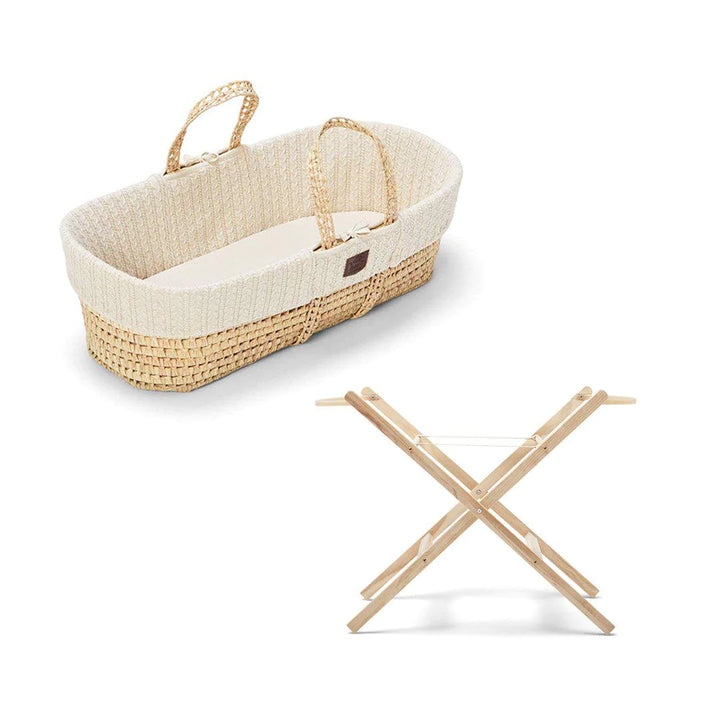 Little Green Sheep Knitted Moses Basket and Static Stand Bundle - Linen