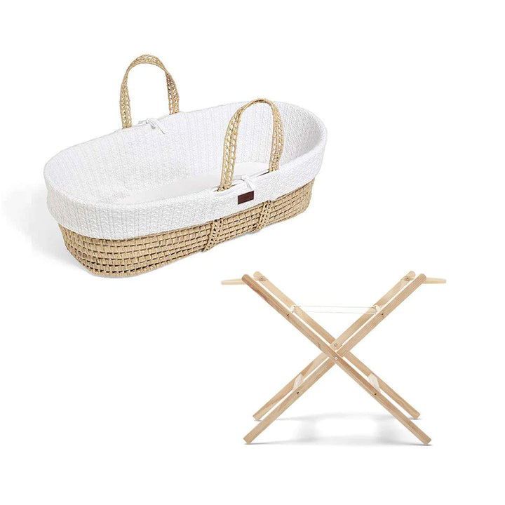 Little Green Sheep Knitted Moses Basket and Static Stand Bundle - White