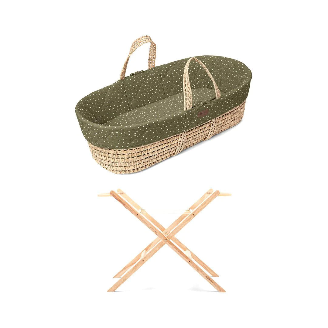 Little Green Sheep Quilted Moses Basket and Static Stand Bundle - Juniper Rice Print