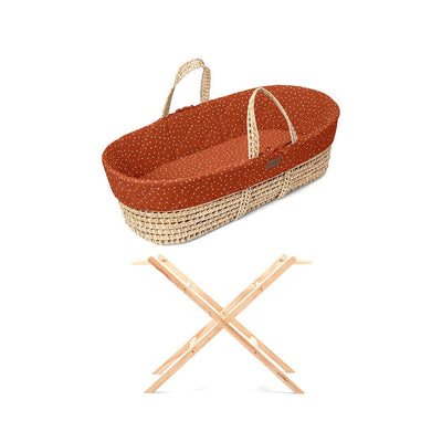 Little Green Sheep Quilted Moses Basket and Static Stand Bundle - Terracotta Rice Print