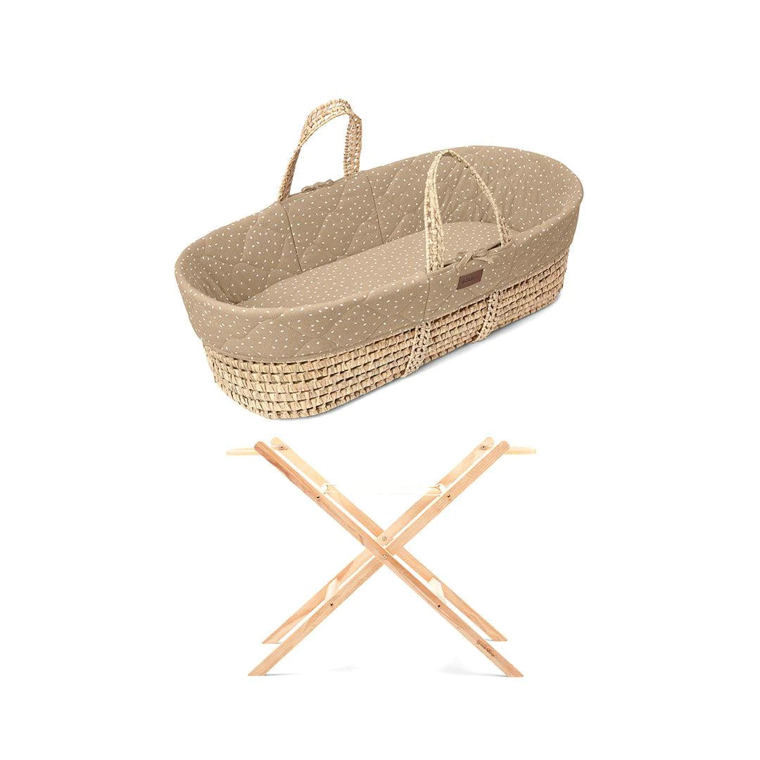 Little Green Sheep Quilted Moses Basket and Static Stand Bundle - Truffle Rice Print