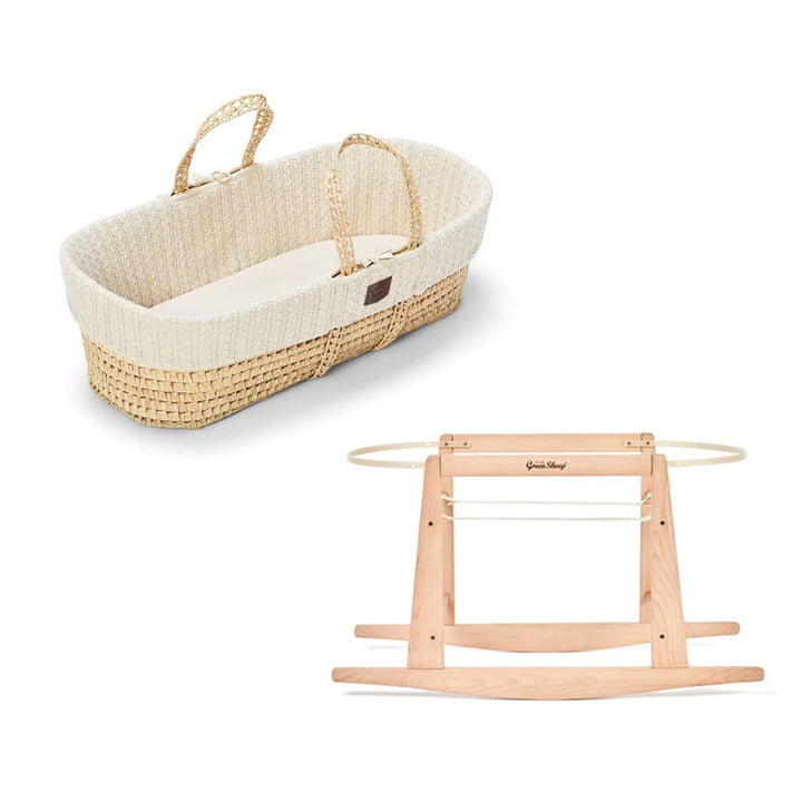 Little Green Sheep Knitted Moses Basket and Rocking Stand Bundle - Linen