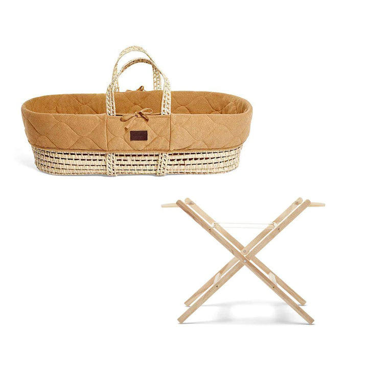 Little Green Sheep Quilted Moses Basket and Static Stand Bundle - Honey