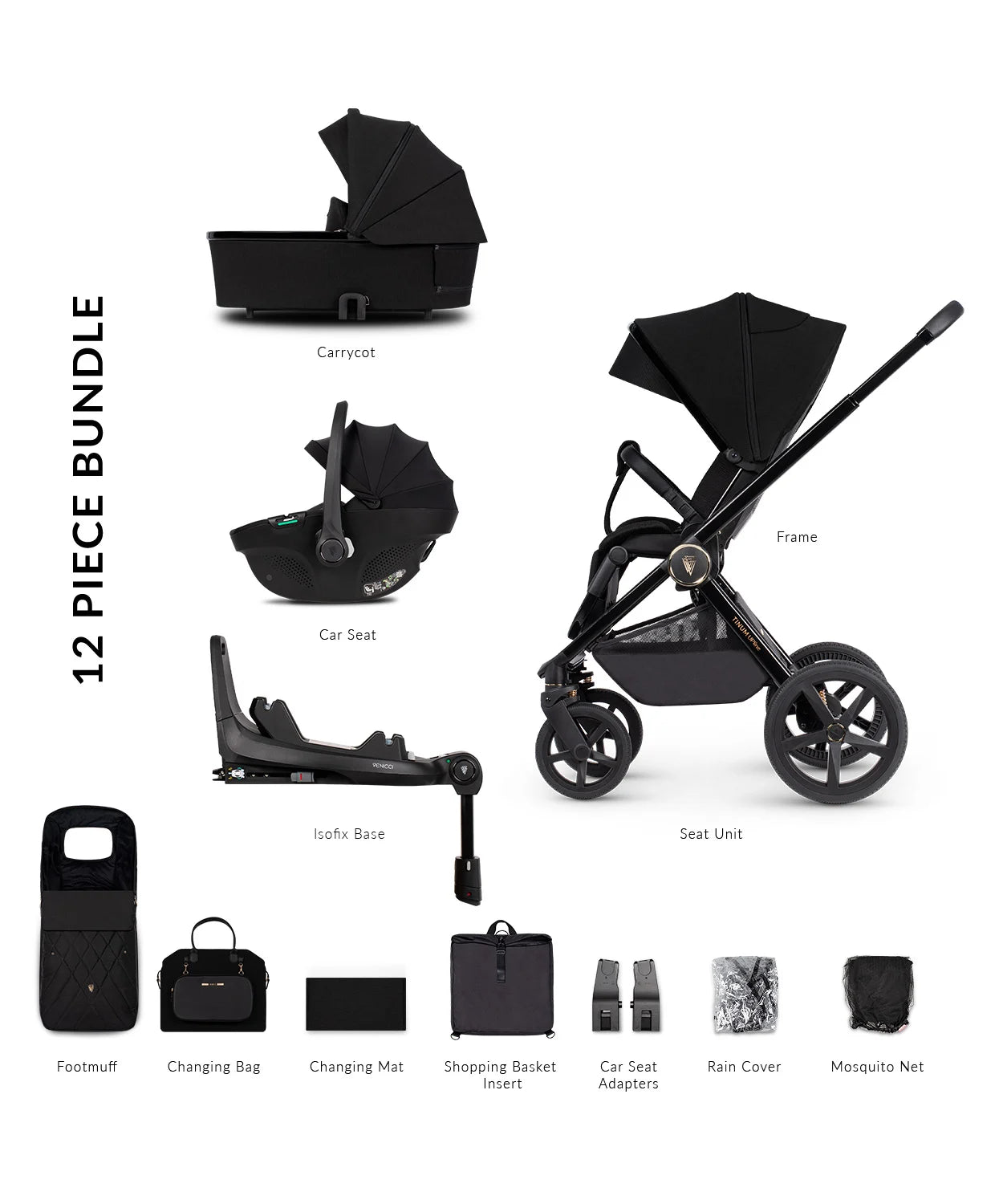 Venicci Tinum Upline 3 in 1 (Tiago) + Isofix Base - All Black